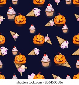  Hallowen  seamless pattern with pumpkin,  ice creme and cake. Vector illustration. Design wallpaper, fabrics, postal packaging.