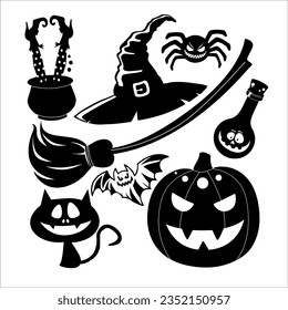 Hallowen Set Stickers Silhouette Vektorgrafik, Kürbisse, Fledermaus, Katze, Zauberhut, Spinne, Hexen Besen, Zauberschale und Giftflasche. bearbeitbare Datei.