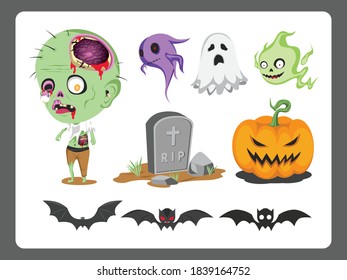 Hallowen Set Vector, Ghost, Zombie, Grave, bat and pumpkin