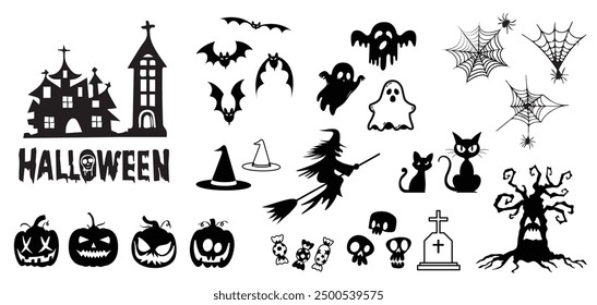 Hallowen Set Vektor Aufkleber, Kürbisse, Fledermäuse, Katzen, Hexenhüte, Gräber, Spinnen, Hexenbesen, Geister und Burgen