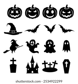 Pegatinas de Vector de Halloween, calabazas, murciélagos, sombreros de bruja, tumbas, escobas de bruja, fantasmas y castillos. Conjunto de Halloween. Siluetas de dibujos animados negros y símbolos de decoraciones espeluznantes de miedo.