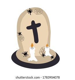 hallowen themed tomb icon, candles and spiders on the tombstone, symbol isolated on white background, flat design, vector illustration