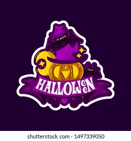 Hallowen vector illustration. Cartoon lettering sticker with pumpkin and bat