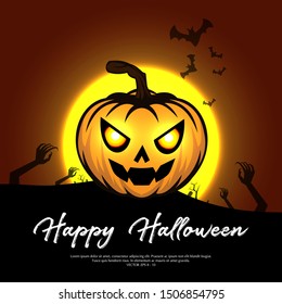 Hallowen's pumpkin head with a dark background frightening bats and zombie's hands full moon shades