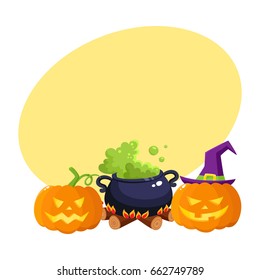 Hallowing symbols, pumpkin jack o lanterns and black iron caldron with boiling green potion cartoon vector illustration with space for text. Two Halloween pumpkin lanterns and caldron on fire