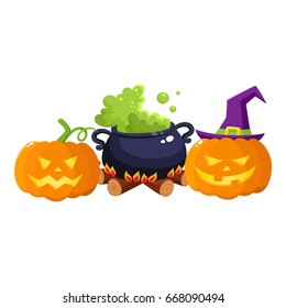 Hallowing symbols, pumpkin jack o lanterns and black iron caldron with boiling green potion cartoon vector illustration isolated on white background. Two Halloween pumpkin lanterns and caldron on fire