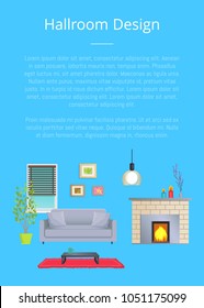 Hallroom design card, interior of modern room, cute carpet, cozy fireplace, modern coffee table, three painting, flowers and candles, design template