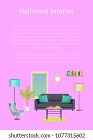 Hallroom interior banner, vector illustration, text isolated on pink backdrop, cozy couch with pillows, comfortable chair, lamps elements