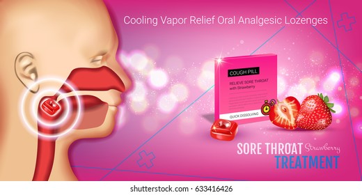 Halls Cough Drops ads. Vector 3d Illustration with strawberry pills for throat. Horizontal banner with product's package.