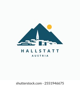 Hallstatt Austria minimal logo with mountains, sun, house buildings, and ship vector illustration graphic design template