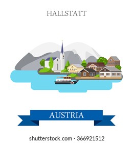 Hallstatt Lake in Salzkammergut Upper Austria. Flat cartoon style historic sight showplace attraction web site vector illustration. World countries cities vacation travel sightseeing collection.