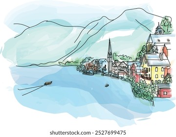 El casco antiguo de Hallstatt y el lago Hallstatter See en la Alta Austria. Hallstatt es un pueblo en la región de Salzkammergut cerca de Salzburgo en Austria. Ilustración vectorial