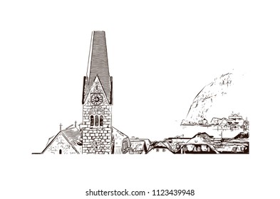 Hallstatt is a village on Lake Hallstatt's western shore in Austria's mountainous Salzkammergut region. Hand drawn sketch illustration in vector.