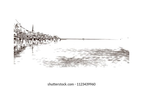 Hallstatt is a village on Lake Hallstatt's western shore in Austria's mountainous Salzkammergut region. Hand drawn sketch illustration in vector.