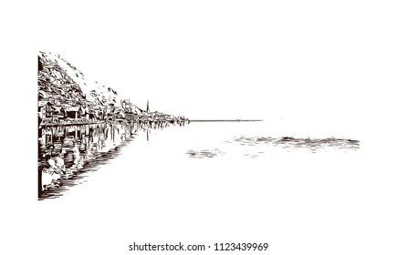 Hallstatt is a village on Lake Hallstatt's western shore in Austria's mountainous Salzkammergut region. Hand drawn sketch illustration in vector.