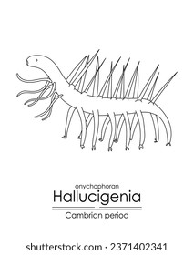 Hallucigenia, a Cambrian period creature, black and white line art illustration. Ideal for both coloring and educational purposes