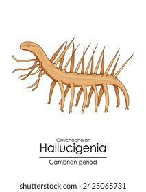 Hallucigenia, a Cambrian period creature. Colorful illustration on a white background