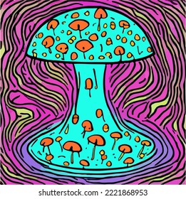 Hallucinating Magic Mushrooms. Psychedelic Mushrooms Illustration Vector Drawing Cartoon