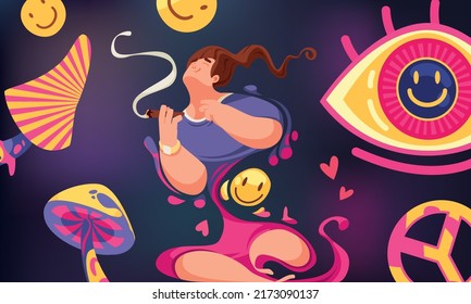 Hallucination abstract colored background with laughing eye and trippy mushrooms aroung smoking woman character cartoon vector illustration