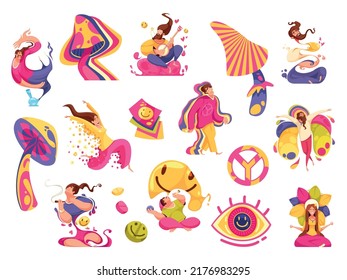 Hallucination cartoon set of trippy mushrooms and hippie characters under influence of psychedelic drugs isolated vector illustration