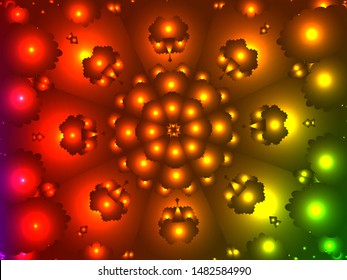 Hallucination. Crazy optical illusion. Alive caleidoscopic effects. Abstract vector red illustration. Futuristic gradient background of shining figures. Sphere-shaped structures. Magic ornament.