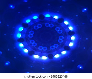 Hallucination. Crazy optical illusion. Alive caleidoscopic drug effects. Abstract blue vector illustration. Futuristic gradient background of shining figures. Sphere-shaped structures. Magic ornament.
