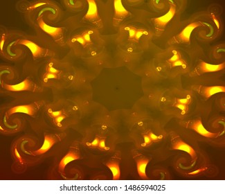 Hallucination. Crazy optical illusion. Alive caleidoscopic drug effects. Abstract golden and brown vector illustration. Futuristic chocolate gradient background with shining figures. Magic ornament.