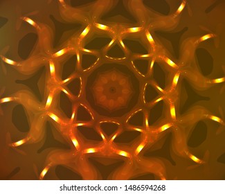 Hallucination. Crazy optical illusion. Alive caleidoscopic drug effects. Abstract golden and orange vector illustration. Futuristic creative gradient background with shining figures. Magic ornament.
