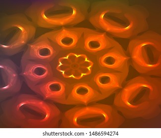 Hallucination. Crazy optical illusion. Alive caleidoscopic drug effects. Abstract red, golden and orange vector illustration. Futuristic gradient background with shining figures. Magic ornament.