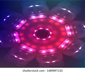 Hallucination. Crazy optical illusion. Alive caleidoscopic drug effects. Abstract violet vector illustration. Original gradient background of shining figures. Sphere-shaped structures. Magic ornament.