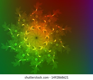 Hallucination. Crazy optical illusion. Alive caleidoscopic drug effects. Abstract green vector illustration. Original gradient background of shining figures. Sphere-shaped structures. Magic ornament.