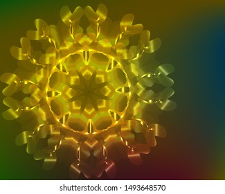 Hallucination. Crazy optical illusion. Alive caleidoscopic drug effects. Abstract golden vector illustration. Original gradient background of shining figures. Sphere-shaped structures. Magic ornament.