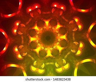 Hallucination. Crazy optical illusion. Caleidoscopic drug effects. Abstract vector gold metal illustration. Futuristic gradient background of shining figures. Sphere-shaped structures. Magic ornament.
