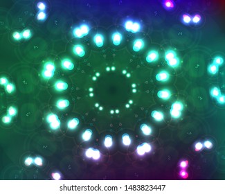 Hallucination. Crazy optical illusion. Caleidoscopic drug effects. Abstract green vector illustration. Futuristic gradient background of shining figures. Sphere-shaped structures. Magic ornament.