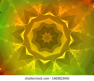 Hallucination. Crazy optical illusion. Caleidoscopic drug effects. Abstract golden vector illustration. Futuristic gradient background of shining figures. Sphere-shaped structures. Magic ornament.