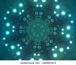 Hallucination. Crazy optical illusion. Caleidoscopic drug effects. Abstract green vector illustration. Futuristic gradient background of shining figures. Sphere-shaped structures. Magic ornament.