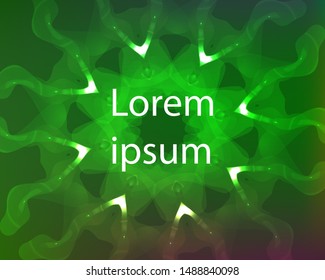 Hallucination. Crazy optical illusion. Caleidoscopic drug effects. Abstract green vector illustration. Futuristic gradient background of shining figures. Sphere-shaped structures. Magic ornament.