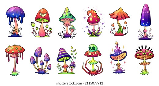 Hallucination mushrooms. Psychedelic mushroom set, hippie funky groovy 1970s forest plants. Decorative garish rainbow colors vector elements