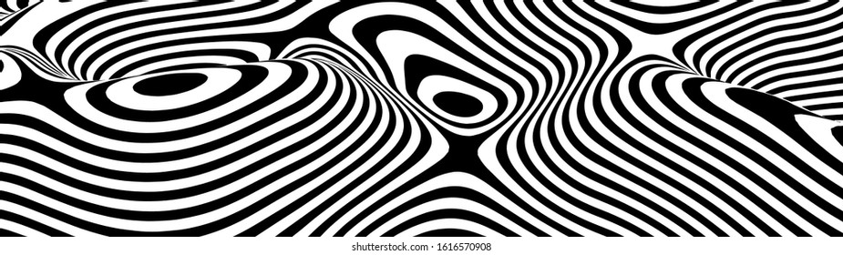 Hallucination. Optical illusion. Twisted illustration. Abstract futuristic background of stripes. Dynamic wave. Vector.