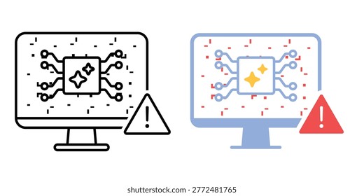 Hallucination warning symbol. AI output box with distortion and alert triangle. Unreliable AI result indication. Simple geometric illustration.