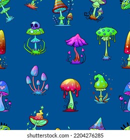 Hallucinogenic crazy mushrooms seamless pattern. Acid neon colors mushroom. Toxic or poisonous witch ingredients background. Magical vector template