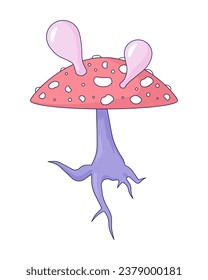 Hallucinogenic fungus fly agaric 2D linear cartoon object. Poison mushroom blowing bubbles isolated line vector element white background. Amanita muscaria psychedelics color flat spot illustration