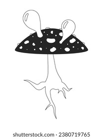 Hallucinogenic fungus fly agaric black and white 2D line cartoon object. Poison mushroom blowing bubbles isolated vector outline item. Amanita muscaria psychedelic monochromatic flat spot illustration