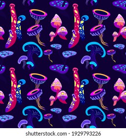 Hallucinogenic Magic Fairy Mushrooms Endless Seamless Pattern.Bright,Decorative Wrapper Textile Print,Fantastic Amanita,Rainbow Colors. Designed Psychedelic Surreal Game Background.Vector Illustration