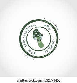 A?manita, hallucinogenic mushroom. Seal, stamp. Green color. Sketch.