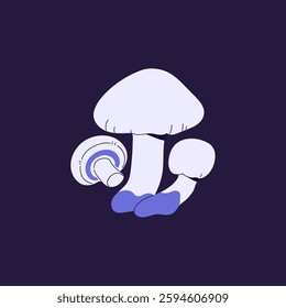 Hallucinogenic mushrooms with purple stalk. Icon of whole and cut psychedelic boletus. Poisonous fungus, inedible food of forest, venomous bolete, toxic fungi. Flat isolated vector illustration