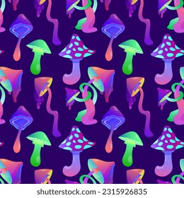 Halluzinogene Pilze nahtlose Vektormuster schönen Psilocybin-Pilz. Fantastische Tapete-Wickelpapier aus farbiger Fliege agaric auf violettem Hintergrund. EPS