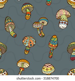 Hallucinogenic mushrooms vector hand drawn seamless pattern