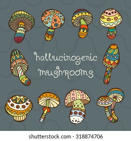 Hallucinogenic mushrooms vector hand drawn illustration