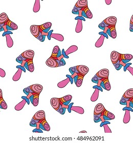 Hallucinogenic mushrooms vector hand drawn seamless pattern
